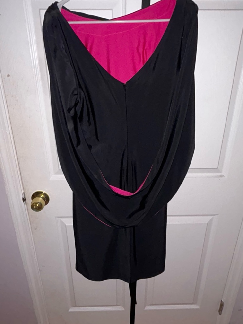 Betsy & Adam Black Dress with Hot Pink Lining and Draped Back